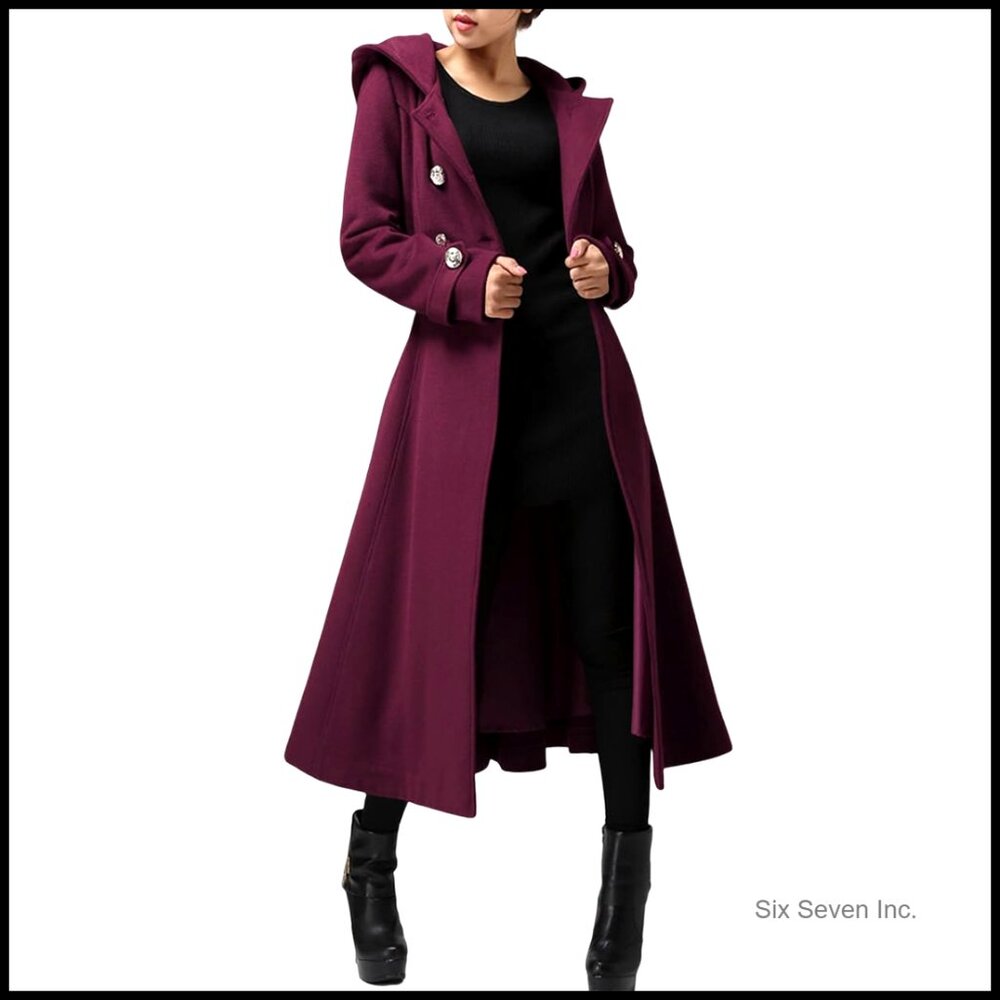Long Double-Breasted Hooded Wool Blend Trench Coat With Belts